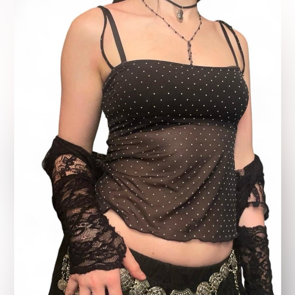 black mesh polka dot felina top with built in bra